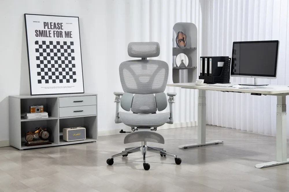 METACHAIR DORO VENT Scaun ergonomic, sezut cu ventilatie, suport lombar dinamic, spătar reglabil înălțime, cotiere 6D, tetieră 2D, suport picioare, mecanism multifunctional inclinare/blocare, pivotant, Mesh, Gri