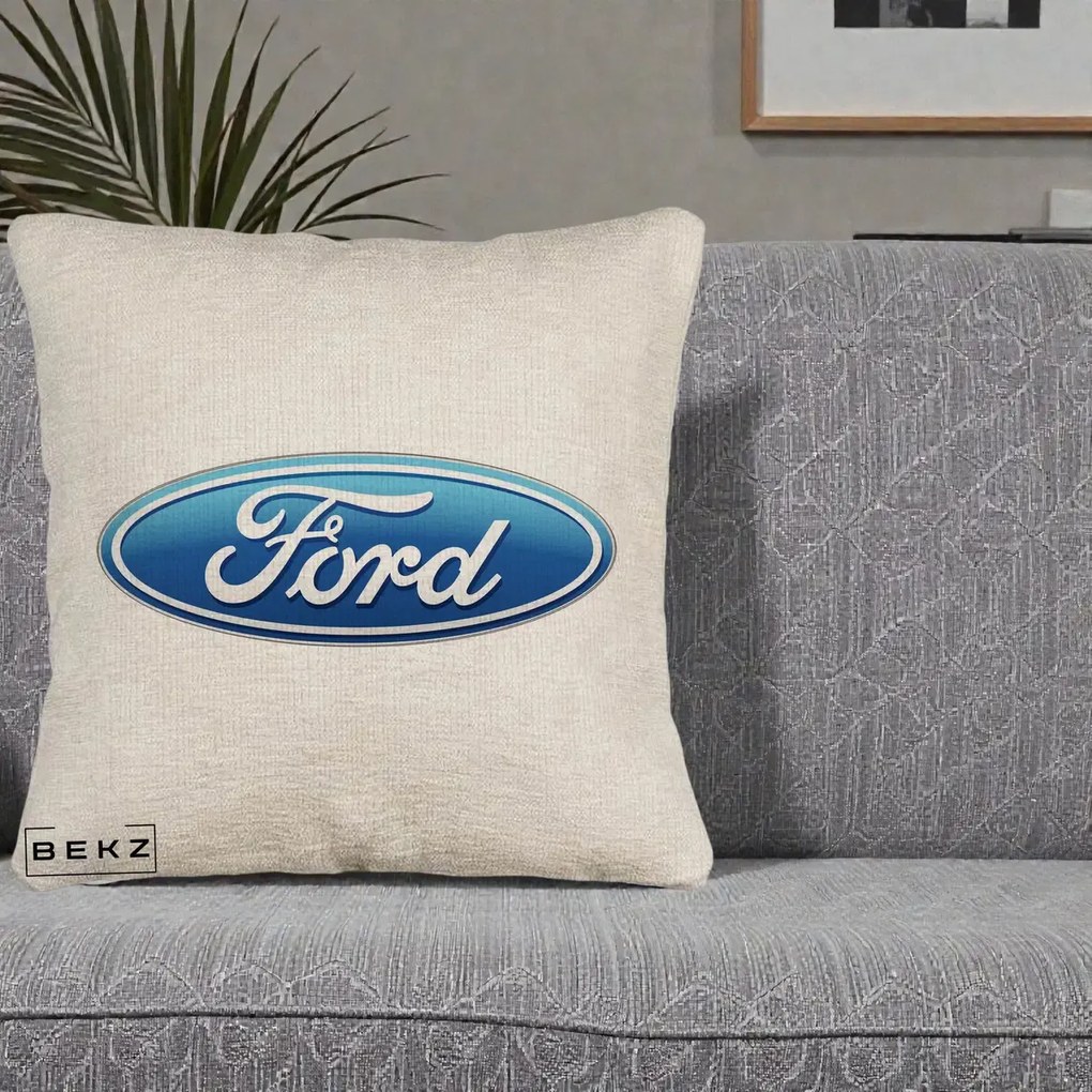 Perna Personalizata cu emblema Ford, 40x40 cm, Bej Canapea, Husa Detasabila, Perna Inclusa, BEKZ®