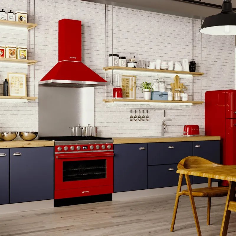 Hota decorativa SMEG Portofino KPF9RD, 275 W, A+, 781 m³/h, 3 viteze, 3 filtre, Supapa, Otel inoxidabil, LED, Rosu