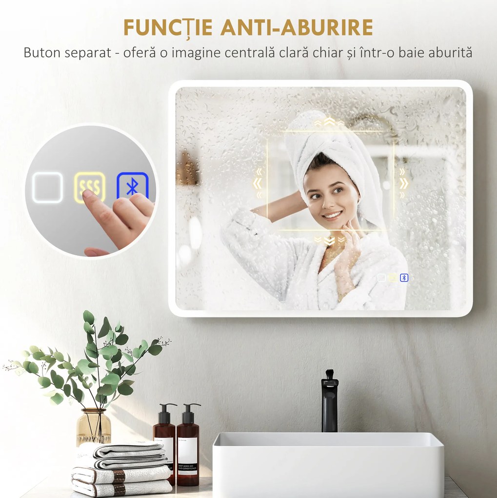 HOMCOM Oglindă de baie LED bluetooth 70 x 90 cm interruptor tactil lumină reglabilă 3 culori anti-abur memorie argintiu | Aosom Romania