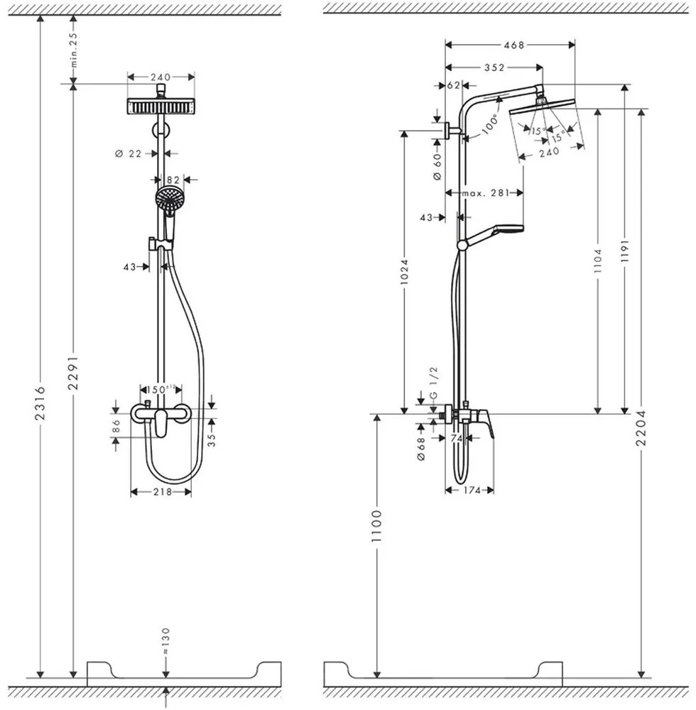 Set de dus Showerpipe 240 cu baterie, crom Crom lucios