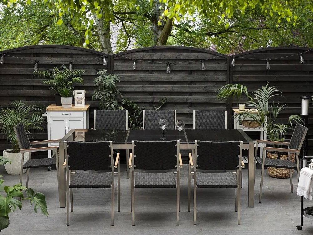 Set de masă pentru grădină Grosso (negru) (scaune din ratan) (pentru 8 persoane) (piatră). 1011646