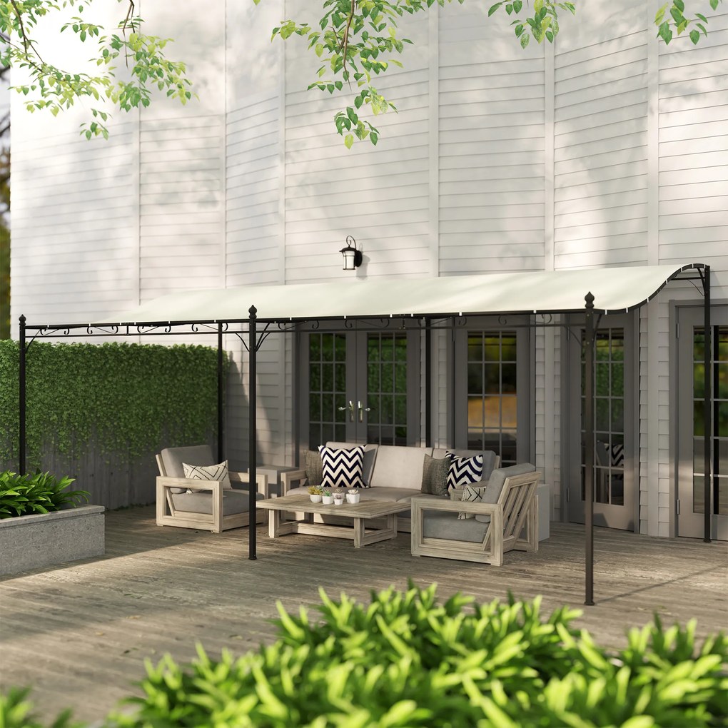 Outsunny Pergolă de perete 3x6 m cu acoperiș înclinat Orificii de drenaj și structură metalică Alb crem | Aosom Romania