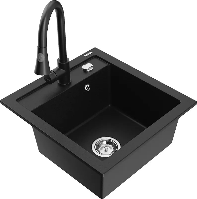 Mexen Vito chiuvetă de bucătărie din granit, cu o singură cuvă, cu baterie Elia, negru - 6503-77-670101-70