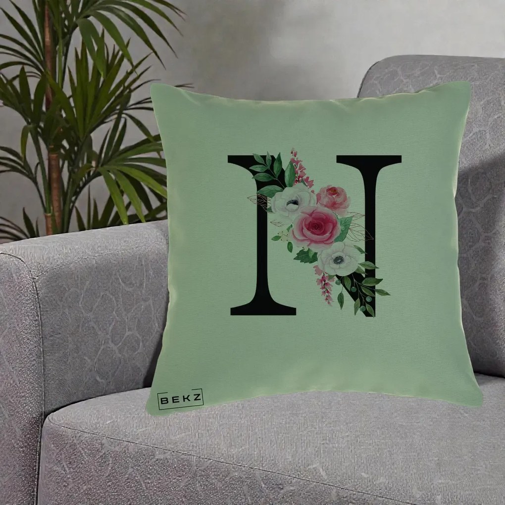 Cadou Personalizat - Perna Personalizata Monograma Florala Litera N, 40x40 cm, Verde, Husa Detasabila, Perna Inclusa, BEKZ®