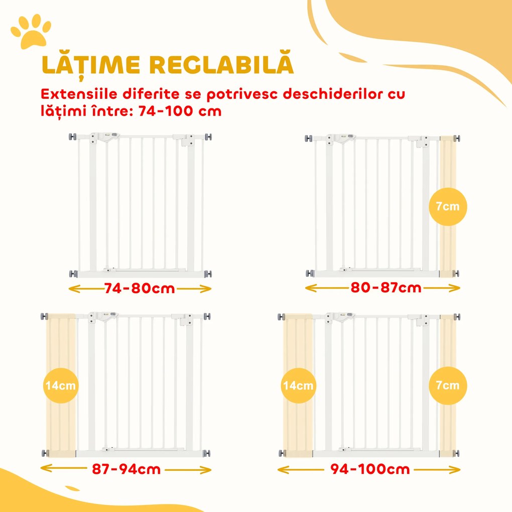 PawHut Poartă Extensibilă pentru Câini fără Șuruburi, Poartă de Siguranță Reglabilă cu 2 Extensii, 94-100 cm, Alb | Aosom Romania