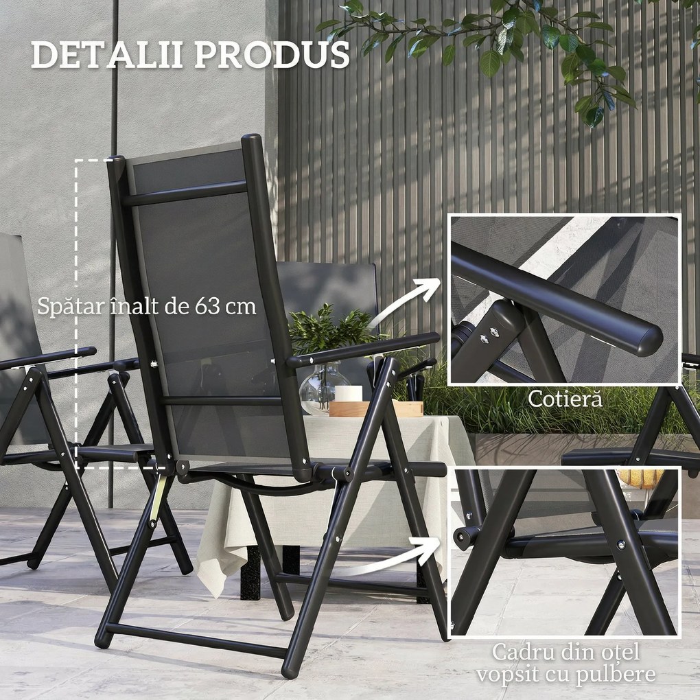 Outsunny Set de 4 Scaune Pliabile pentru Grădină cu Spătar și Șezut din Plasă, 56x69x106 cm, Gri | Aosom Romania
