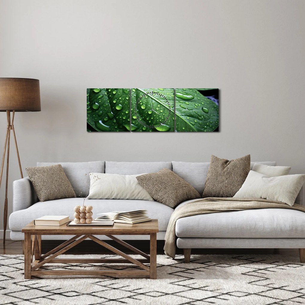 Tablou - Detaliu de frunze după ploaie (cu ceas) (90x30 cm)