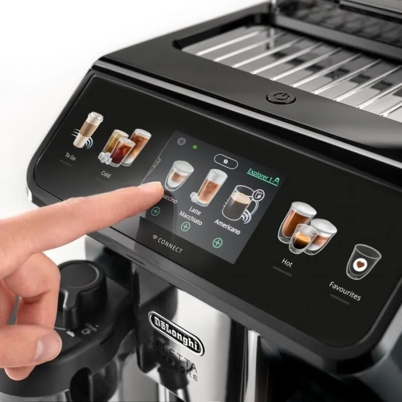 Espressor automat DeLonghi Eletta Explore ECAM450.65.G, 1450W, 19 bar, 1.8l, Wi-Fi, Touch TFT display, LatteCrema hot/cool, Twin Shot, To-Go, Cafea boabe, Negru/Gri