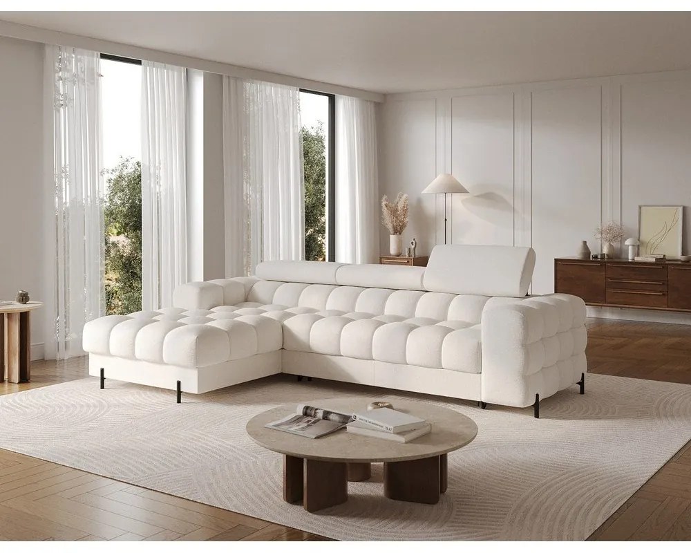 Colțar crem extensibil/cu spațiu de depozitare cu tapițerie din țesătură bouclé (cu colț pe partea stângă/cu șezlong) Felro – ELTAP