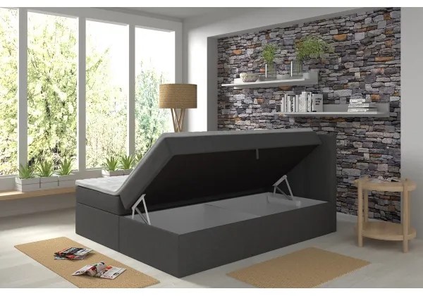 Pat tapițat EMBER 160x200 cm, cu saltele și topper, cu spațiu de depozitare, antracit