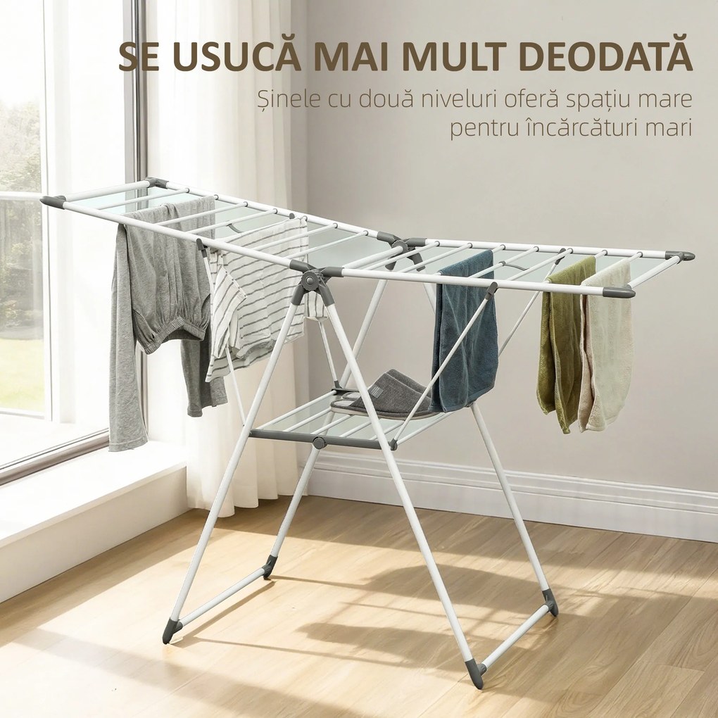 HOMCOM Uscător de Rufe cu 2 Niveluri Reglabil pe 4 Înălțimi Diferite, Uscător din Metal și Plastic, 156.5x61.5x97 cm, Alb | Aosom Romania