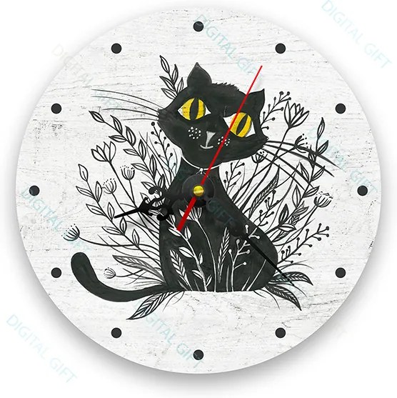 Ceas de perete - Pisica neagra 21 cm, lemn