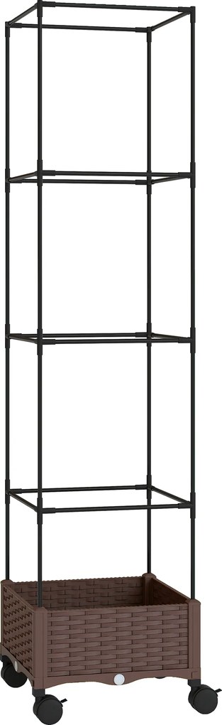 Outsunny Jardinieră Înălțată cu Spalier 20L, Pat de Grădină Înălțat pentru Exterior cu Roți Blocabile, Sistem de Autoirigare, Orificii de Drenaj pentru Plante Cățărătoare, Legume și Flori, Maro | Aosom Romania