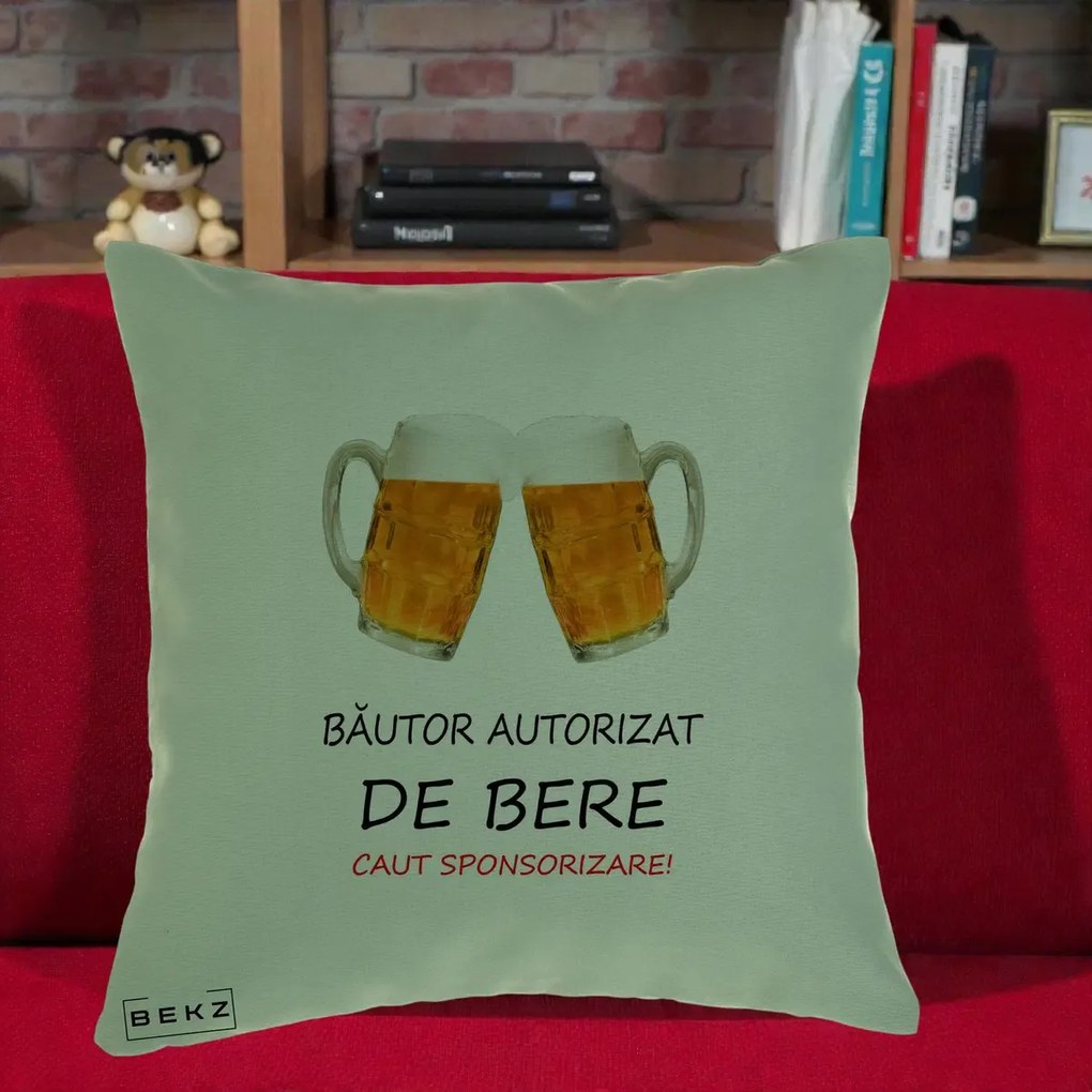 Perna Decorativa Bautor Autorizat de Bere, 40x40 cm, Verde, Husa Detasabila, Perna Inclusa, BEKZ®