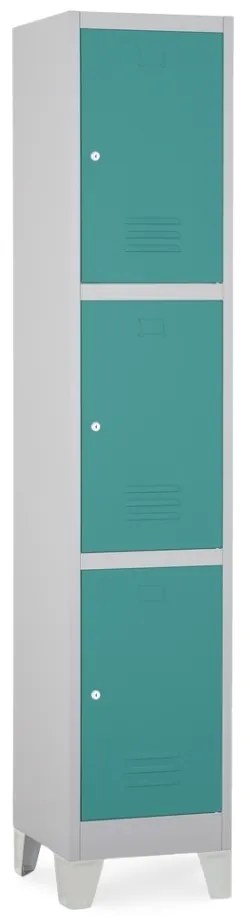 Dulap metalic - 3 cutii, 38 x 45 x 195 cm, picioare fixe, încuietoare cilindrică, verde - ral 6033