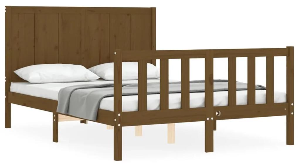 3192594 vidaXL Cadru de pat cu tăblie, dublu mic, maro miere, lemn masiv