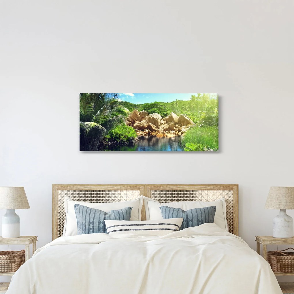 Tablou cu lac în jungla din Seychelles (120x50 cm)