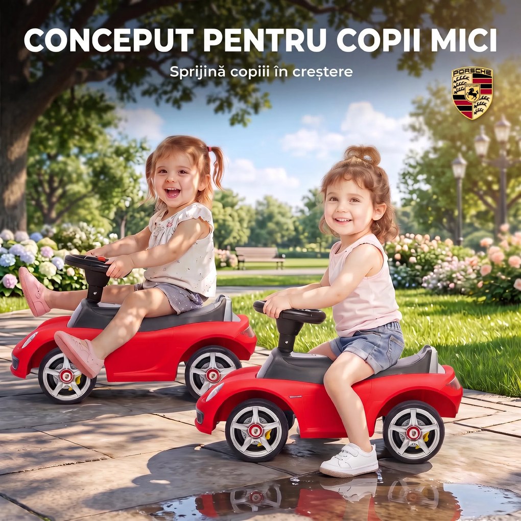 AIYAPLAY Mașinuță de Împins pentru Copii cu Licență Porsche, Claxon, Faruri și Sunet de Pornire, PP, Roșu | Aosom Romania