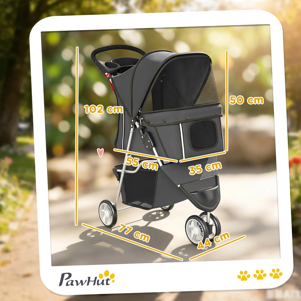 PawHut Cărucior Pliabil pentru Câini cu Suport pentru Pahare și Coș, din Oțel și Poliester, 75x45x97 cm, Gri Închis | Aosom Romania