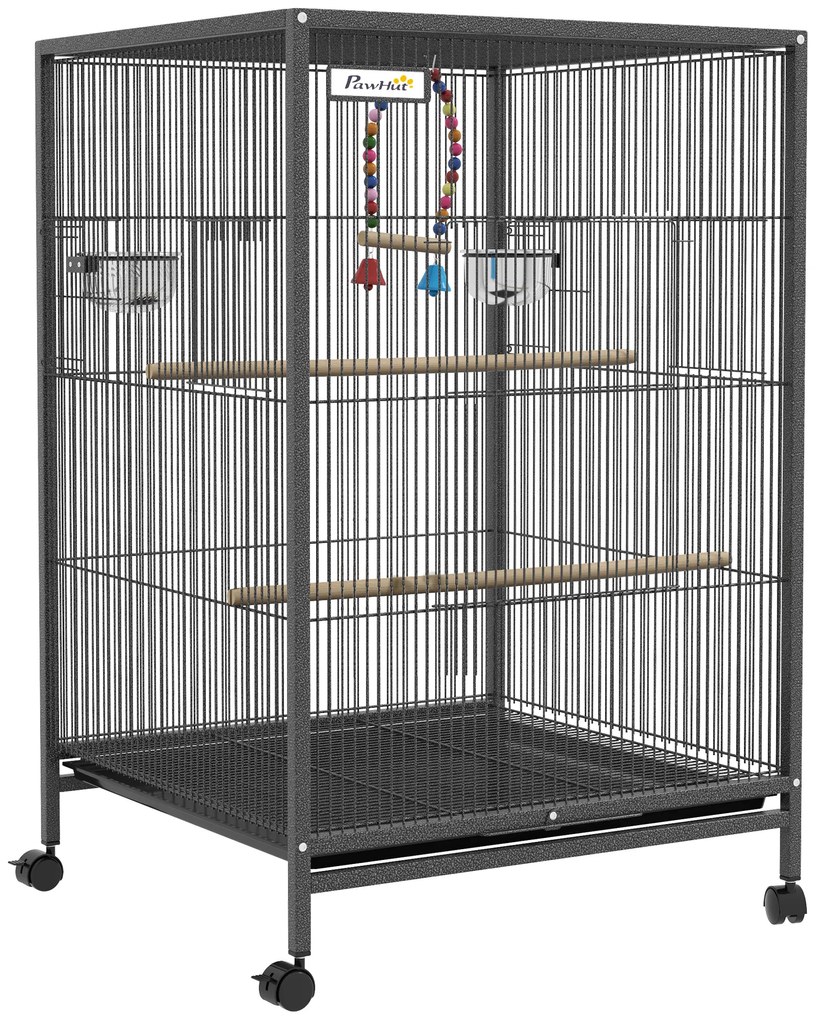 PawHut Colivie pentru Păsări cu Suport Rulant, Colivie cu Leagăn, Tavă Detașabilă, și Boluri din Oțel Inoxidabil, 48x46x74 cm, Gri | Aosom Romania