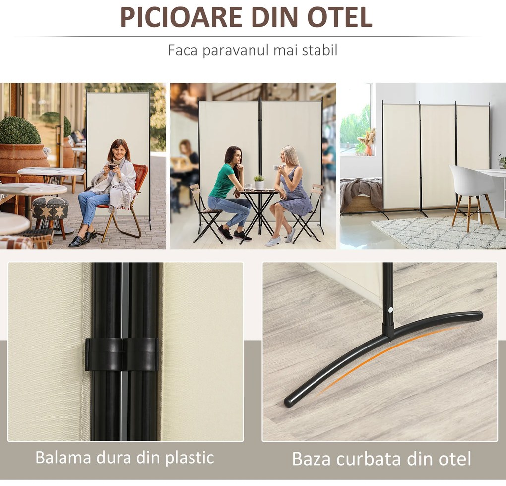HOMCOM Paravan interior cu 3 panouri, separeu pliabil pentru spatii din metal si poliester, 253x50x182cm, bej | Aosom Romania