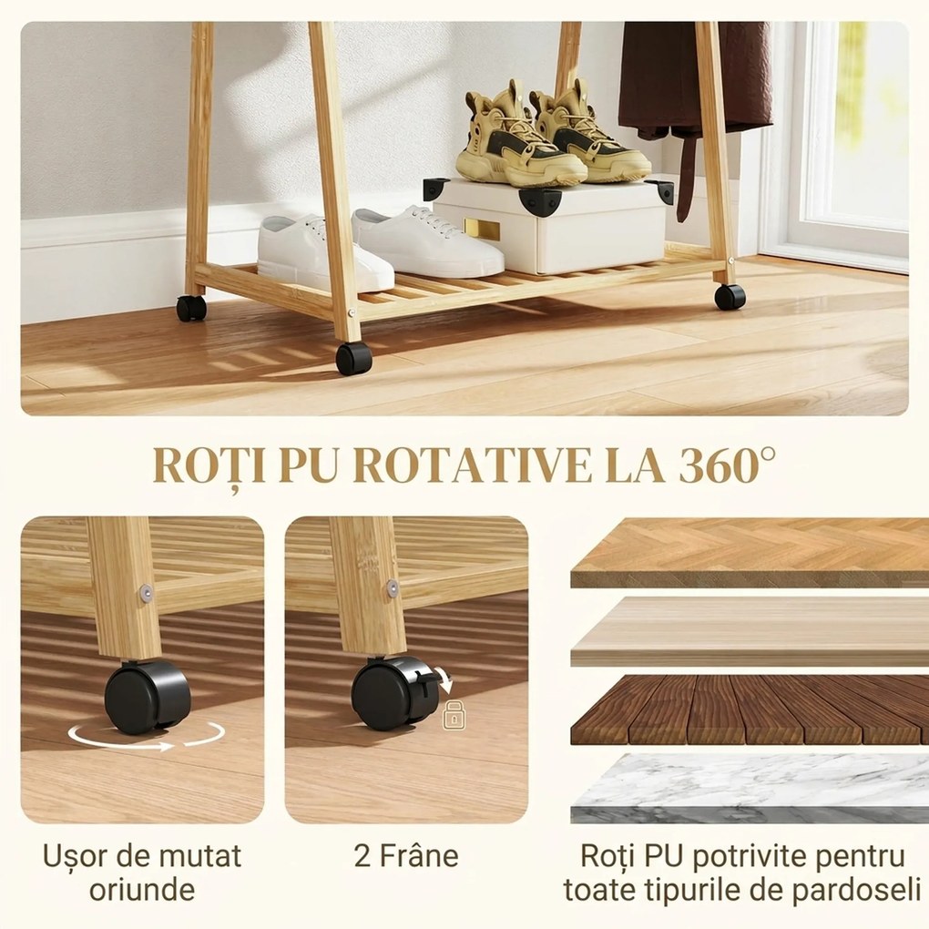 HOMCOM Cuier din Bambus cu Raft pentru Încălțăminte, 2 Cârlige, Cuier Mobil pentru Hol, Sufragerie, Natural | Aosom Romania
