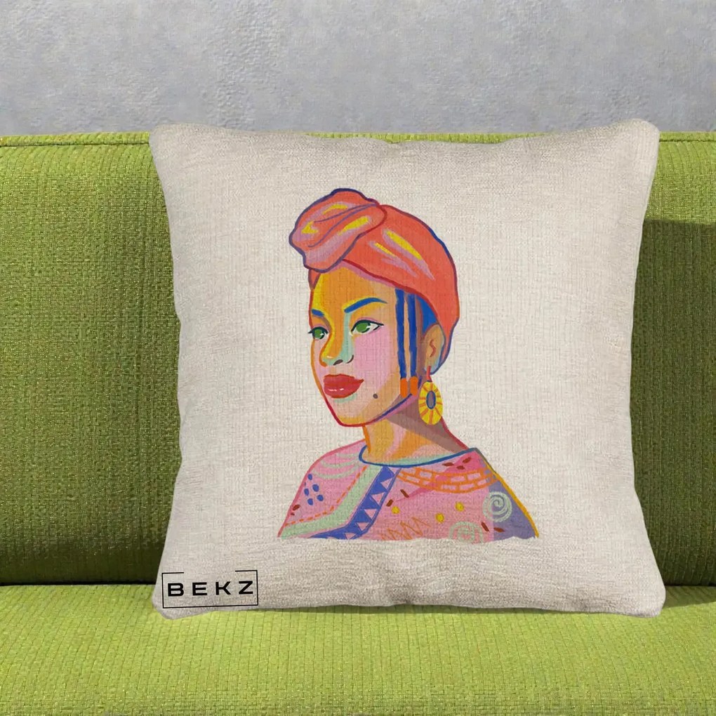 Perna Decorativa Portret Femeie Africana, 40x40 cm, Bej Canapea, Husa Detasabila, Perna Inclusa, BEKZ®