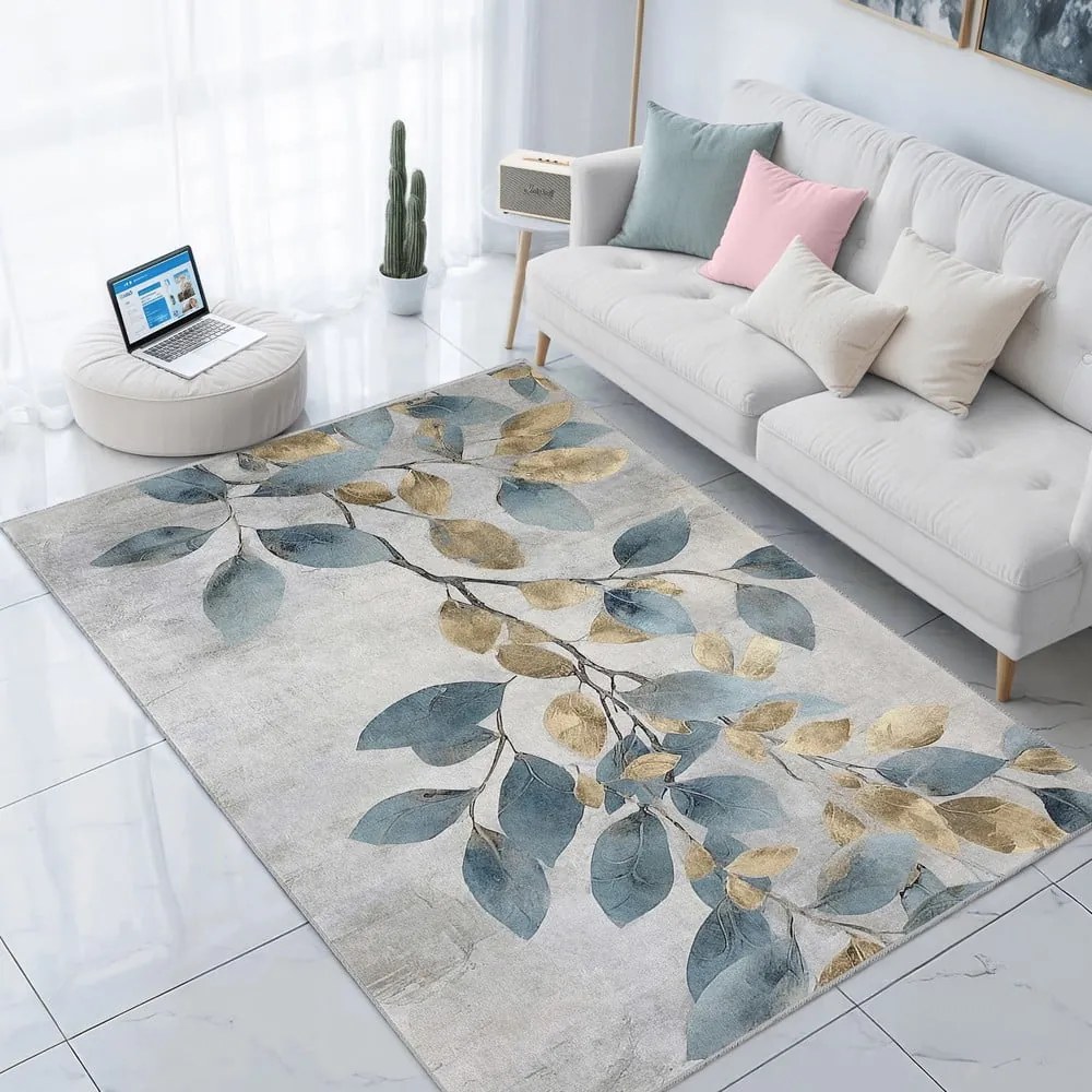 Covor albastru deschis/auriu lavabil 160x230 cm Golden Leaves – Mila Home
