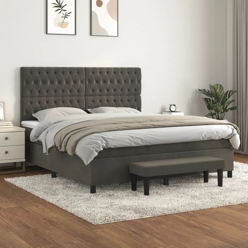 Pat box spring cu saltea, gri inchis, 180x200 cm, catifea Morke gra, 180 x 200 cm, Design cu nasturi