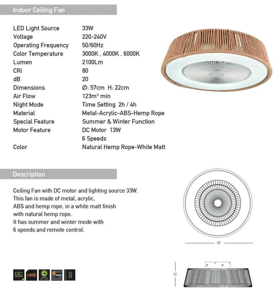 Lustra LED cu Ventilator si telecomanda Rustic alb/ natural