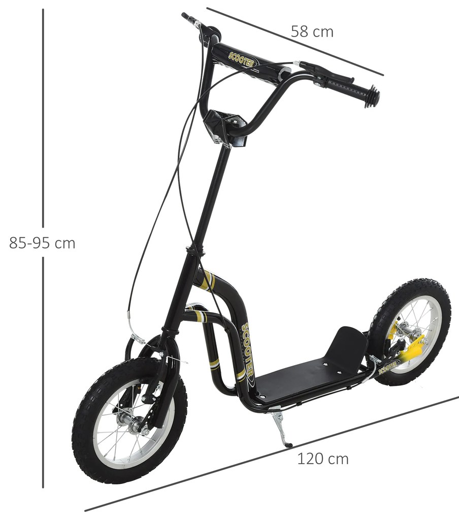 HOMCOM Trotinetă pentru copii 5-12 ani cu roți mari pneumatice de 12", trotinetă copii cu dublă frână, înălțime reglabilă și suport lateral, scooter cu o capacitate de încărcare de până la 100 kg, cadru din oțel, negru | Aosom Romania