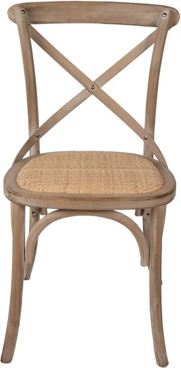 Scaun dining din lemn masiv și răchită, maro, cu spătar în X prins în șuruburi și șezut împletit, finisaj natur, 88 x 42 x 44 cm, „Odile”