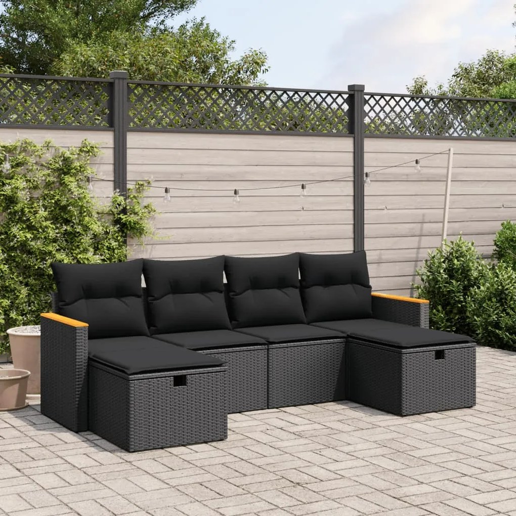 vidaXL Set mobilier de grădină cu perne, 6 piese, negru, poliratan