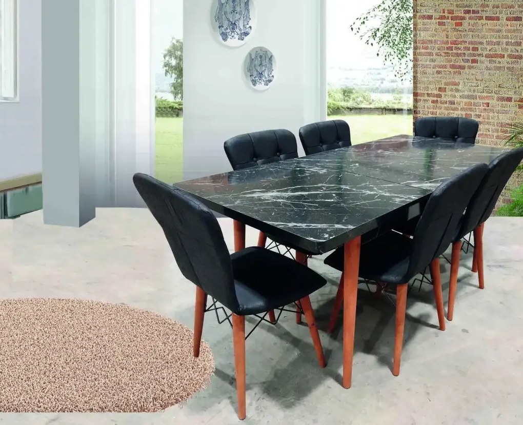 Set masa extensibila cu 6 scaune tapitate Homs cristal negru 170 x 80 cm