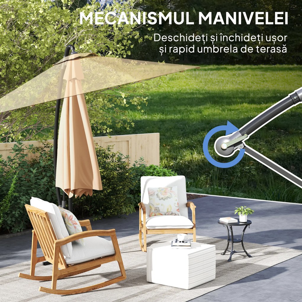 Outsunny Umbrelă de Soare cu Corzi Anti-Vânt, Orificii de Aerisire, Bază în Cruce și Manivelă, Φ290x243 cm, Gri | Aosom Romania