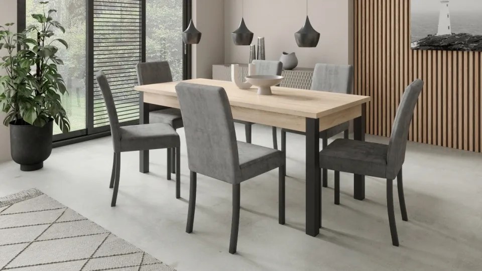Set de masa extensibila si 6 scaune tapitate, RODOS 81, ADRK Furniture (Culoare: Negru / Sonoma)