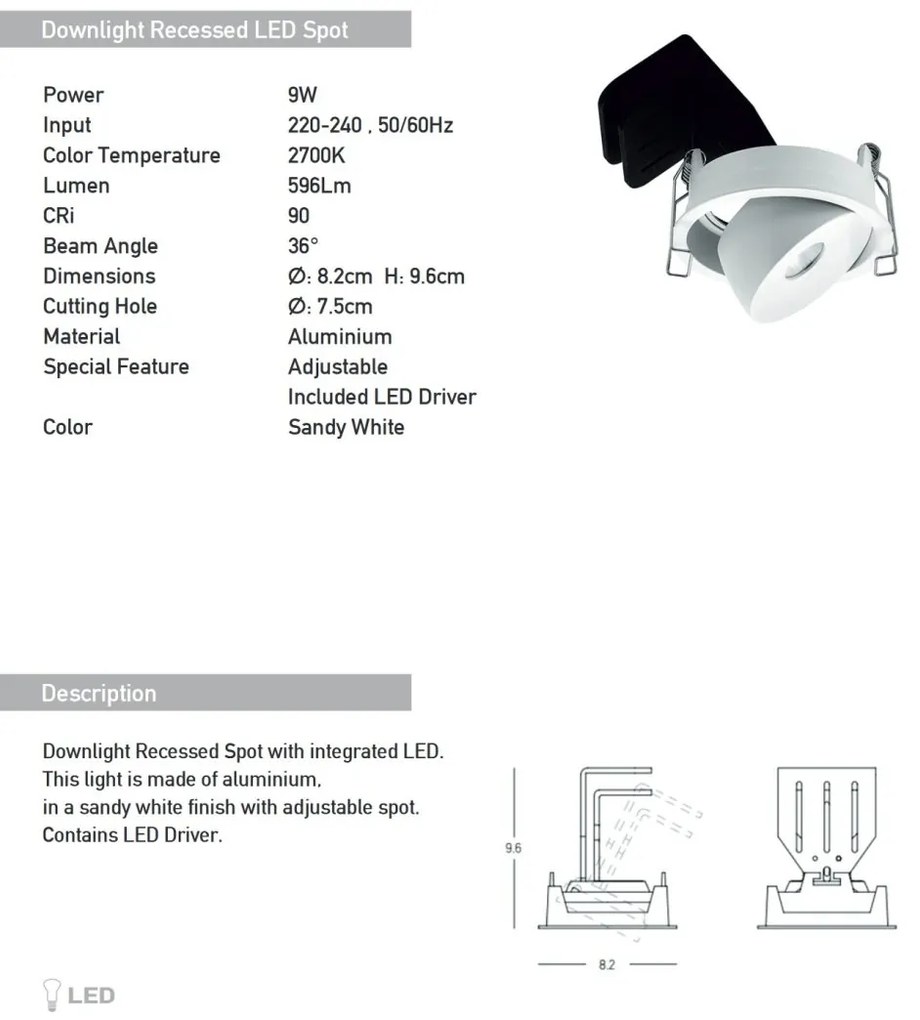Spot LED reglabil Trimless 9W 2700K alb