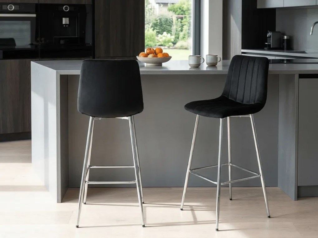 Scaun de bar POZZA VELVET cu picioare argintii, negru