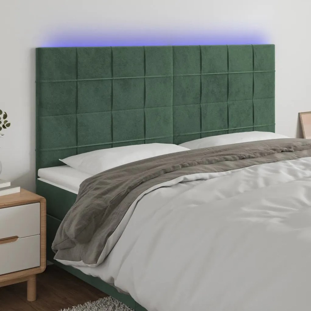 3122487 vidaXL Tăblie de pat cu LED, verde închis, 180x5x118/128 cm, catifea