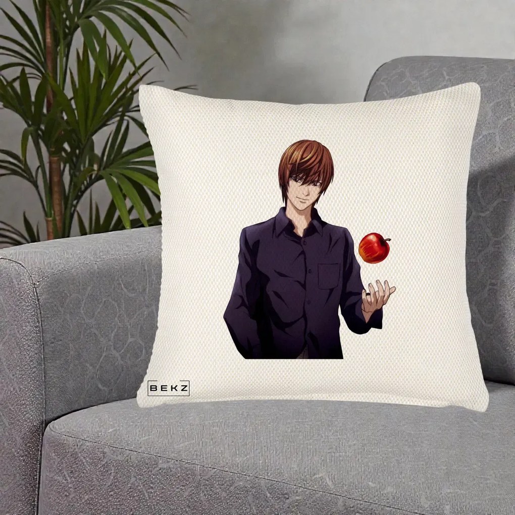 Perna Personalizata Death Note Light Yagami cu Mar, 40x40 cm, Crem Reliefat, Husa Detasabila, Perna Inclusa, BEKZ®