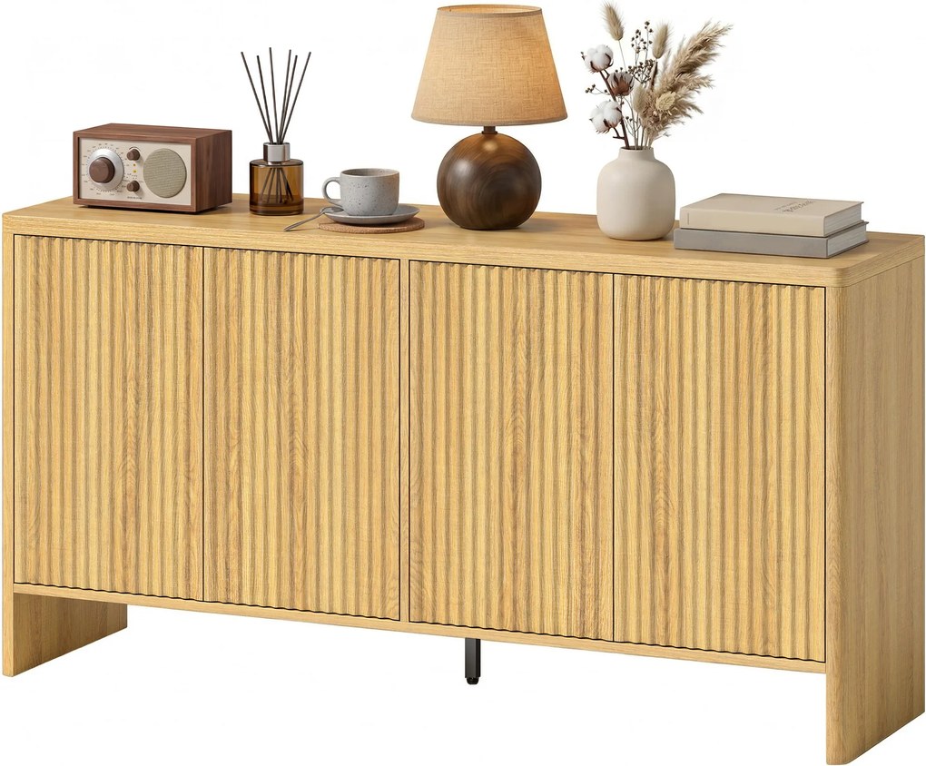 HOMCOM Bufet living, mobilier de depozitare cu 4 uși canelate, raft reglabil, deschidere prin apăsare, 147x40x77cm, stejar | Aosom Romania