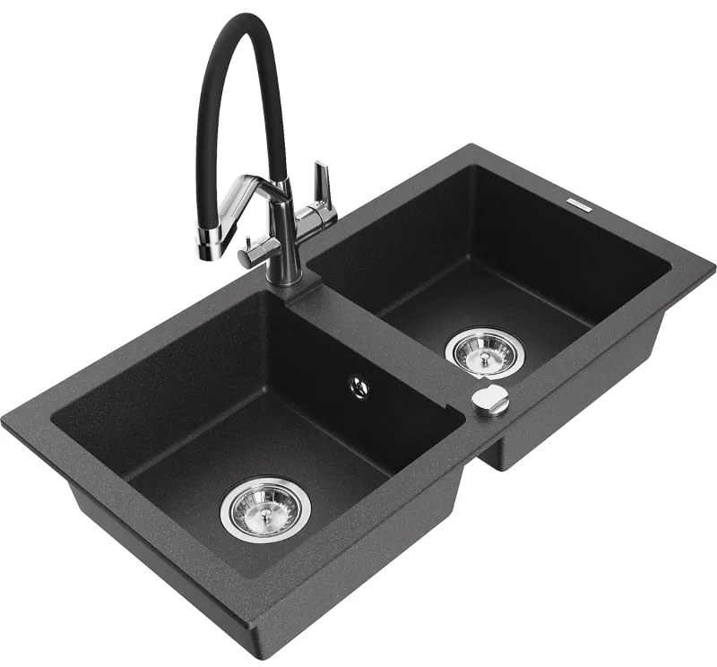 Mexen Mario chiuvetă granit 2-camere cu robinet bucătărie Duo, negru pătat - 6504-76-671701-07