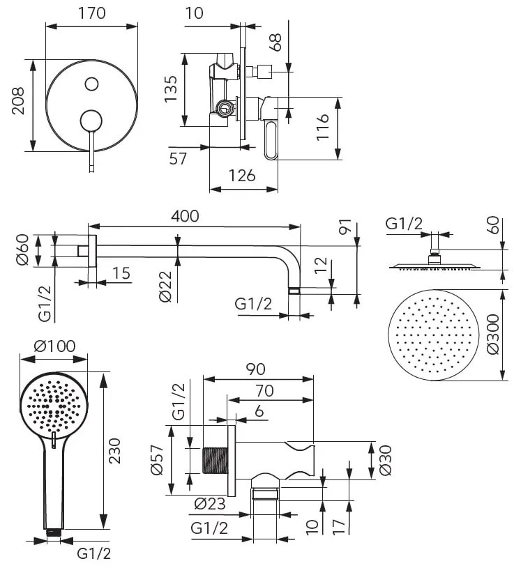 Sistem de dus incastrat FDesign Zaffiro, 2 functii, palarie dus fixa 30 cm, brat dus 40 cm si para mobila, negru-aur roz - FDSFD1-ZFR-7PSET1-25