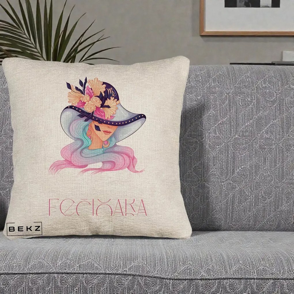 Perna Personalizata Zodie Fecioara, 40x40 cm, Bej Canapea, Husa Detasabila, Perna Inclusa, BEKZ®