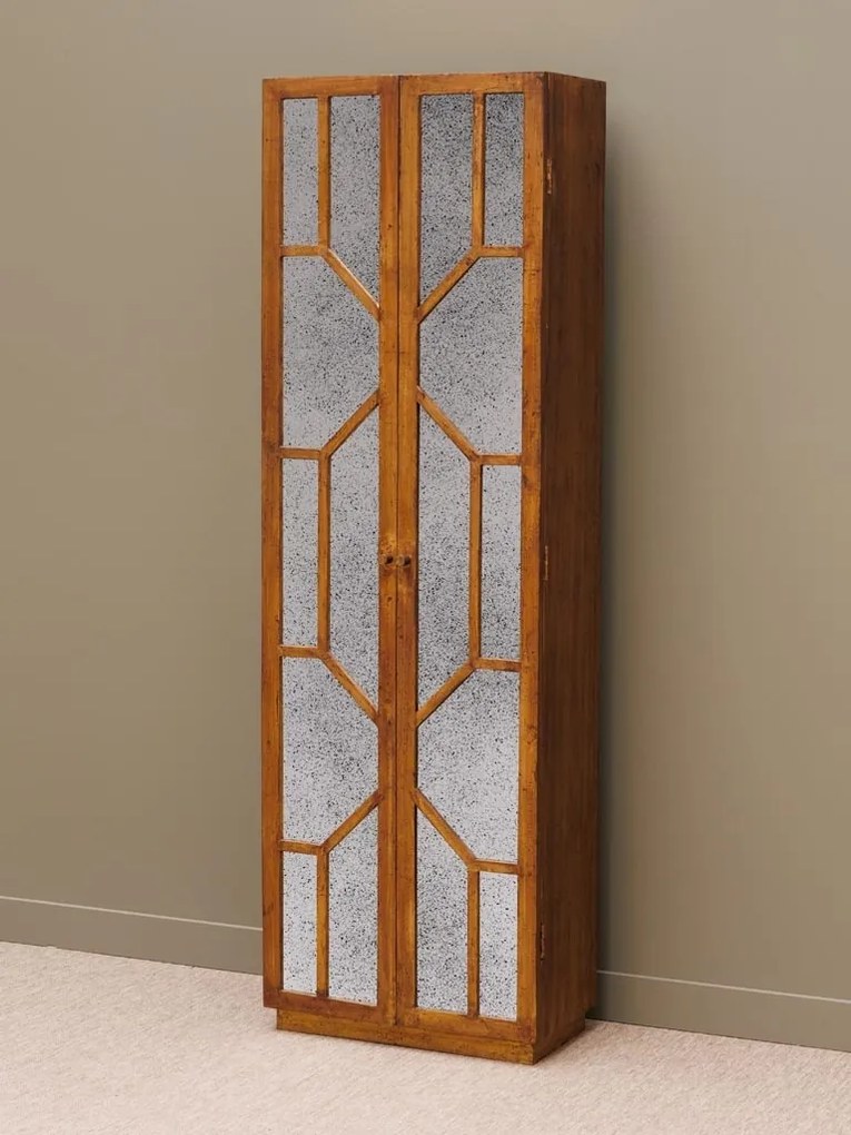 Dulap cu uși vintage din lemn de mango, maro, cu 4 rafturi, 2 uși cu oglinzi antichizate și model geometric, 195 x 60 x 33 cm, „Odette”