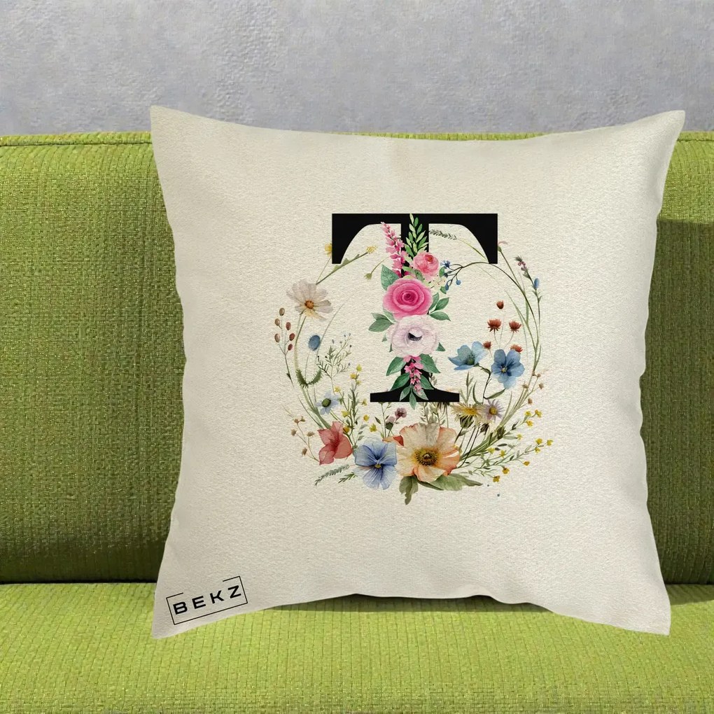 Cadou Personalizat - Perna Personalizata Monogram Litera T cu Flori Acuarela, 40x40 cm, Ecru, Husa Detasabila, Perna Inclusa, BEKZ®