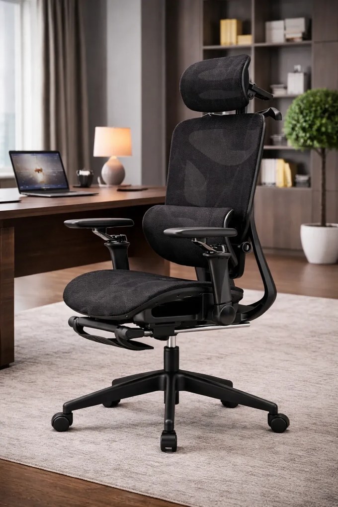 RESIGILAT- Scaun ergonomic, translatie sezut, cotiere 6D, tetiera 3D, suport lombar reglabil, pivotant, suport pentru picioare, Negru
