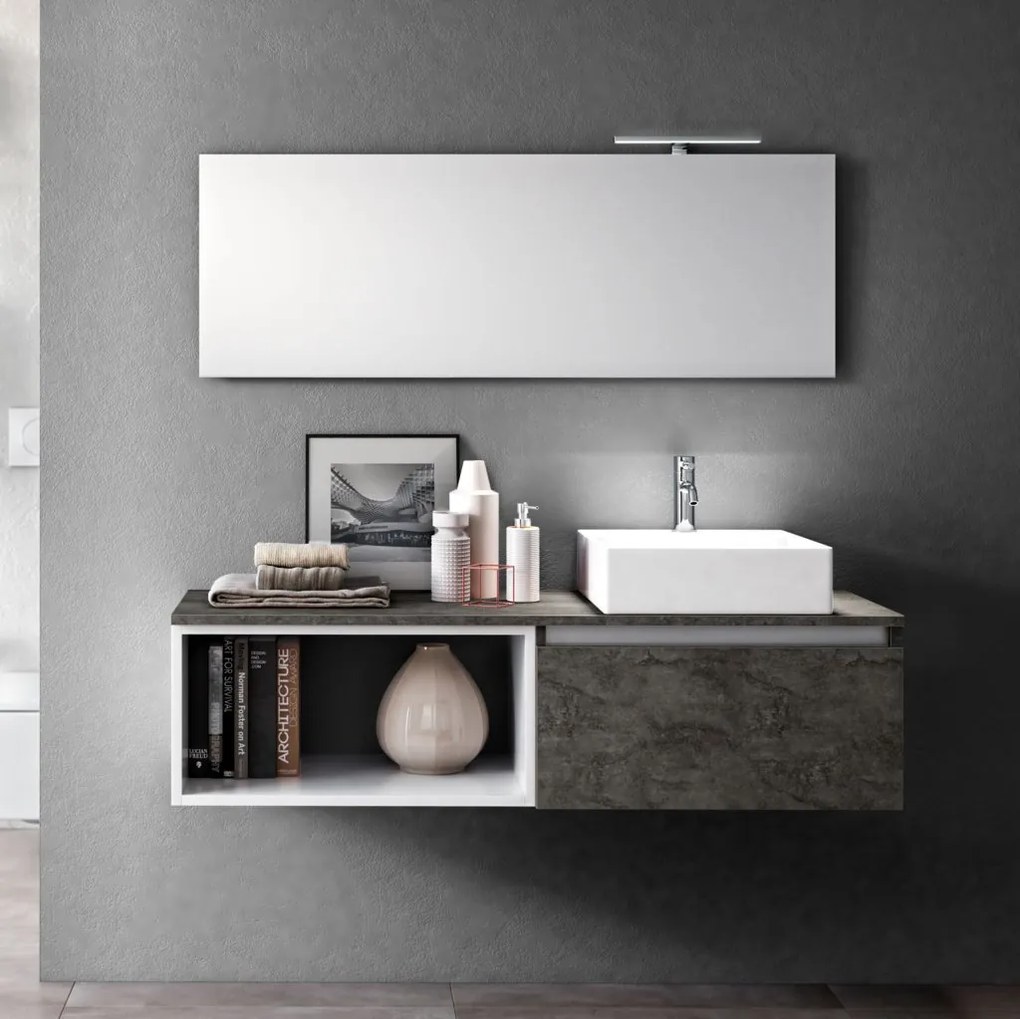 Set de baie cu 6 piese PERTH, Melamina Aluminiu Abs Sticla Ceramica Metal, Gri, 140x46.5x190 cm