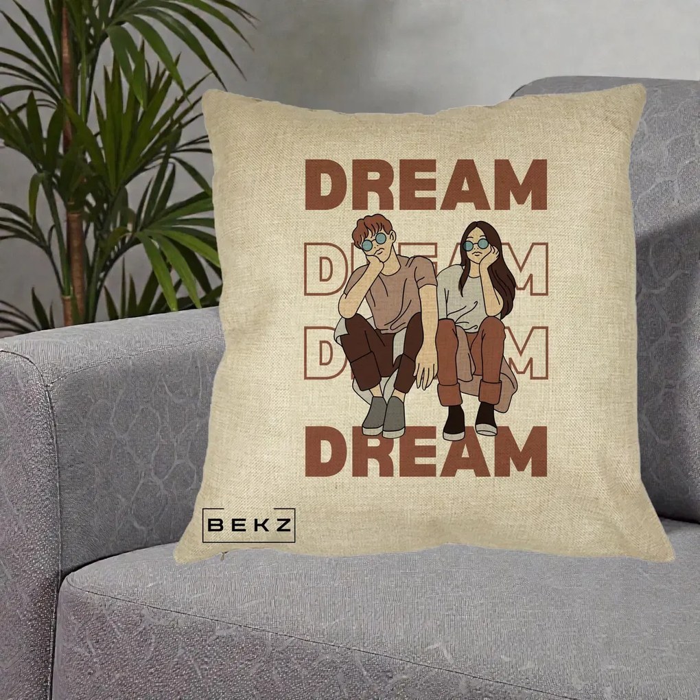 Perna Decorativa Dream Couple Aesthetic, 40x40 cm, Crem, Husa Detasabila, Perna Inclusa, BEKZ®